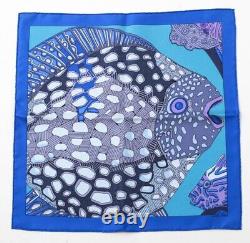 100% AUTH Hermes Fish Motif Blue SILK SCARF Extremely RARE