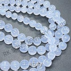 AAA++ Natural Blue Chalcedony Extremely Rare Carved Melon Round Gemstone Bead