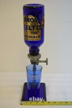 Antique Bromo Seltzer Fo Headaches Paper Label Glass Cobalt Blue Extremely Rare