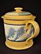 EXTREMELY RARE 1800s BLUE SEAWEED MOCHA MUG with LID MOCHAWARE YELLOW WARE MINT