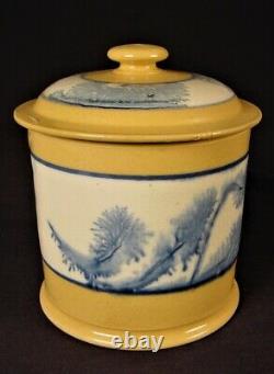 EXTREMELY RARE 1800s BLUE SEAWEED MOCHA MUG with LID MOCHAWARE YELLOW WARE MINT