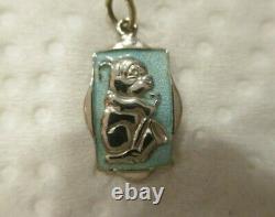 EXTREMELY RARE Antique Sterling Silver Blue Guilloche Dog Playing Trumpet Charm