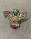 EXTREMELY RARE CORAL Vtg 925 Sterling Silver Turquoise Eagle Size 9.5 Solid Ring