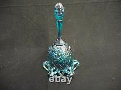 EXTREMELY RARE FENTON CARNIVAL GLASS BELL WithLATTICE BOTTOM BLUE GREEN FLOWERS