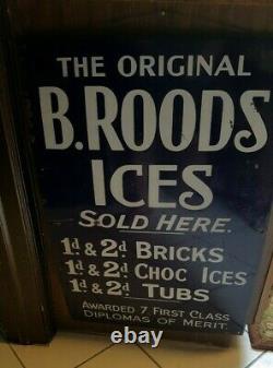 EXTREMELY RARE Lg Vintage Porcelain B ROODS ICES Sign- Rare Cobalt Blue 30 x 20