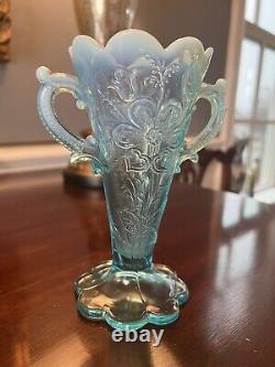 EXTREMELY RARE Mary Ann Vase by Dugan in Blue Opal 2 Handles 8 Scallops