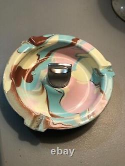 End Of Day Art Deco Pink Graniteware Enamelware Extremely Rare Swirl Ashtray
