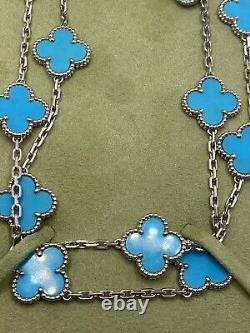 Extremely RARE Van Cleef & Arpels 18K WG 20 Motif Turquoise Alhambra Necklace