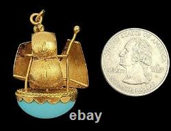 Extremely Rare 1900's 18K Yellow Gold Light Blue Persian Robins Egg Ship Pendant