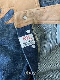 Extremely Rare 90s VTG RRL Double RL Ralph Lauren Leather Fringed Jeans 38 x 34