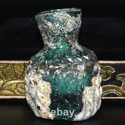 Extremely Rare Ancient Roman Glass Bottle with Blue Patina and wavy Pattern