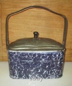 Extremely Rare Antique Dark Cobalt Blue & White Swirl Graniteware Lunch Box Pail