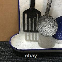 Extremely Rare Blue & White Nm Snow On The Mountain Utensil Rack Old Graniteware