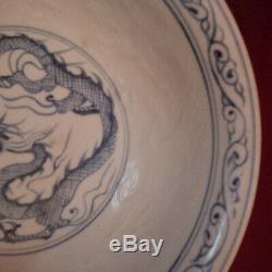 Extremely Rare Chinese Yuan Blue and White Bowl with Painted and Incised Dragon