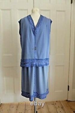 Extremely Rare Early 1920s Blue Wool Jersey 3 Piece Ladies Walking Suit Ribbon