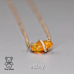Extremely Rare Mexican Fire Opal Diamond Necklace Pendant 14K Yellow Gold