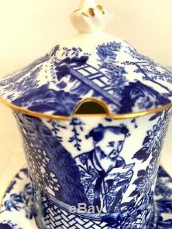 Extremely Rare Royal Crown Derby Blue Mikado3 Piece Preserve Pot