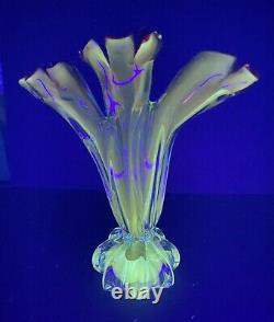 Extremely Rare Uranium Art Glass 9.75 Tall Vase Red, Amber & Blue