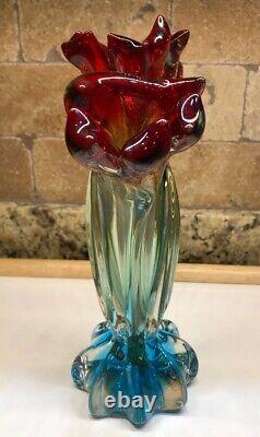 Extremely Rare Uranium Art Glass 9.75 Tall Vase Red, Amber & Blue