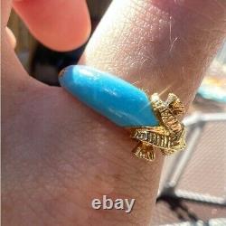 Extremely rare! Vintage solid 18k yellow gold genuine turquoise ram animal ring
