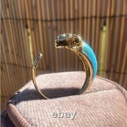Extremely rare! Vintage solid 18k yellow gold genuine turquoise ram animal ring