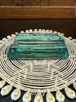 FIRE AND LIGHT Recycled Glass Bamboo Soap Dish Aqua Extremely Rare