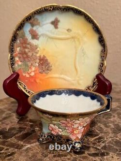 Gorgeous Extremely Rare Nippon Coralene Cup & Saucer US 1909 Patent Kinran Mark