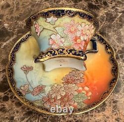 Gorgeous Extremely Rare Nippon Coralene Cup & Saucer US 1909 Patent Kinran Mark