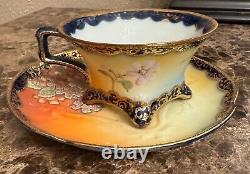 Gorgeous Extremely Rare Nippon Coralene Cup & Saucer US 1909 Patent Kinran Mark