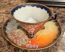 Gorgeous Extremely Rare Nippon Coralene Cup & Saucer US 1909 Patent Kinran Mark