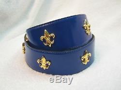 New Moschino Blue Leather Belt with Gold Fleur-de-lis Italy -Extremely Rare