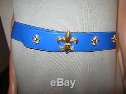 New Moschino Blue Leather Belt with Gold Fleur-de-lis Italy -Extremely Rare