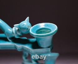 Pair of Extremely RARE Hummel W. Germany Porcelain Turquoise Cat Candle Holders