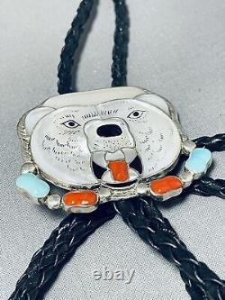 Polar Bear Extremely Rare Vintage Zuni Turquoise Sterling Silver Bolo Tie