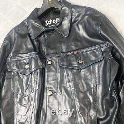 SCHOTT LEATHER JACKET Size L Extremely Rare Trucker eather Cowhide Navy