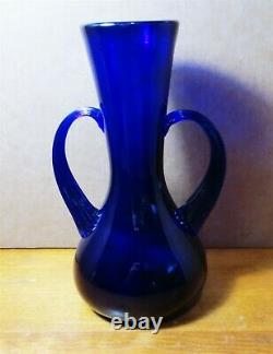 Stunning! Extremely RARE Pilgrim Glass 9 3/4 Cobalt Blue Ribbed Handled Vase