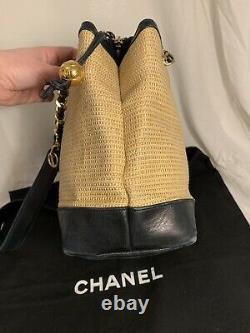 Vintage Chanel Raffia And Navy Leather Bag Extremely Rare