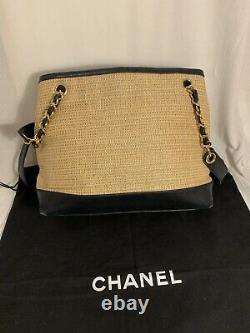 Vintage Extremely Rare Chanel Woven Raffia And Navy Leather Shoulder Bag