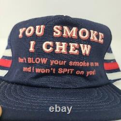 Vintage Extremely Rare You Smoke I Chew Three Stripe Trucker Snap Back Hat USA